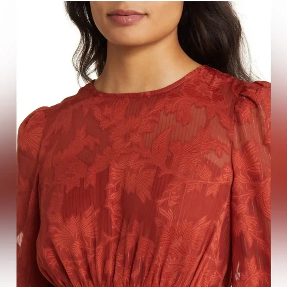 NWOT ELIZA J Metallic Stripe Floral Jacquard Long Sleeve Chiffon Dress - Picture 5 of 16